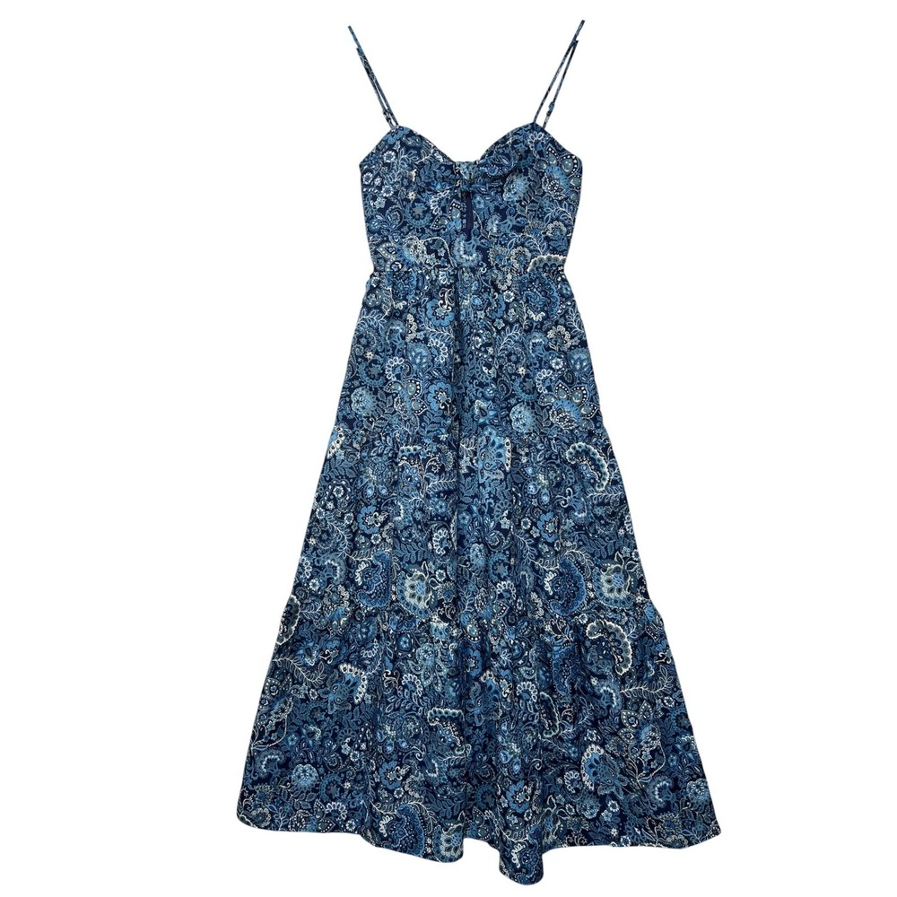 Floral Blue Sleeveless Maxi Sundress M Adjustable Straps Bow Keyhole Pockets‎